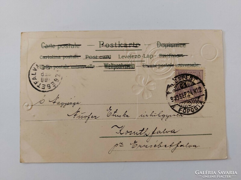 Régi dombornyomott képeslap 1900 levelezőlap hölgy lóhere szerencsepatkó