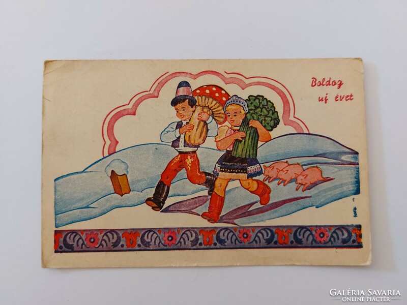 Régi újévi képeslap 1943 rajzos levelezőlap gomba malac lóhere
