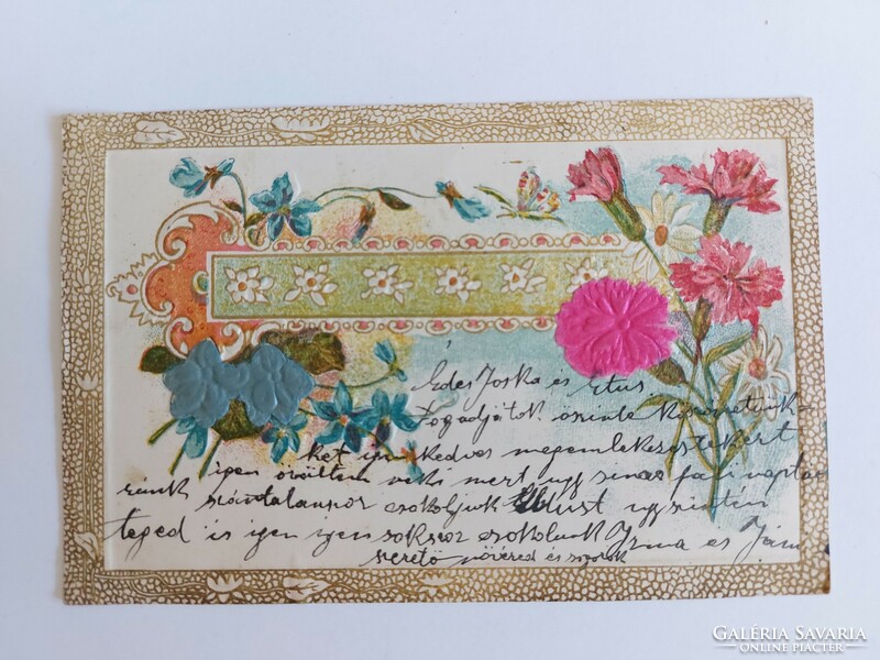 Old postcard with embossed silk overlay 1902 floral postcard