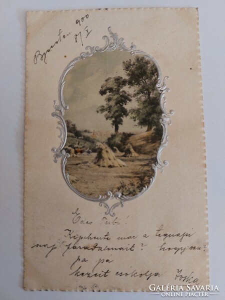Régi dombornyomott képeslap 1900 levelezőlap tájkép ezüst keretben