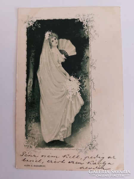 Old postcard 1900 postcard with lady fan