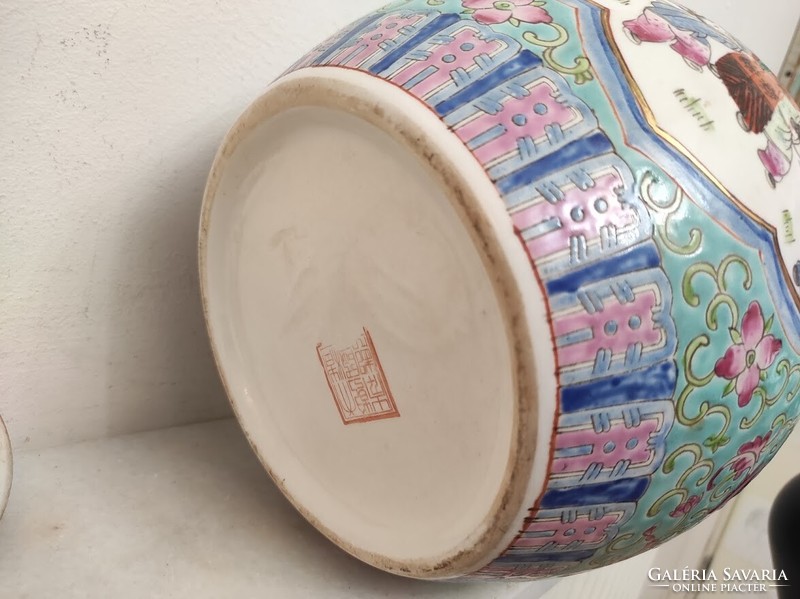 Antik kínai porcelán tojás alakú sokalakos színes fedeles urna váza életkép jelenettel 163 5619