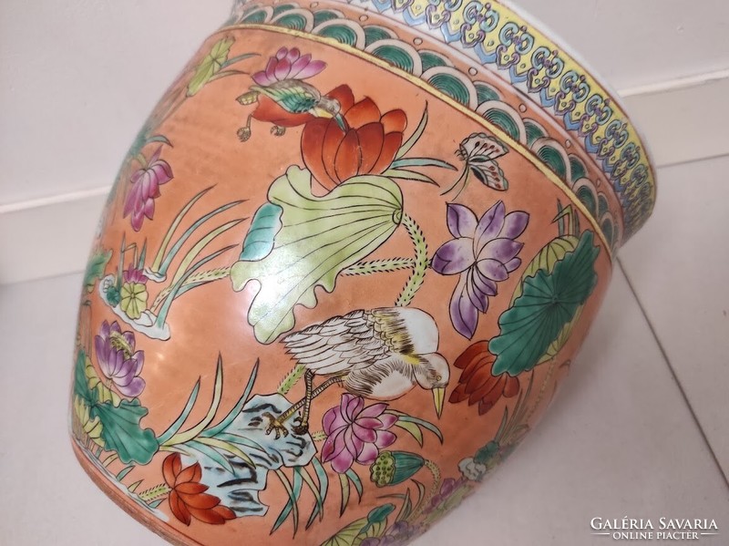 Antik kínai porcelán tojás alakú madár növény mintás színes kaspó belül aranyhalak 192 5632