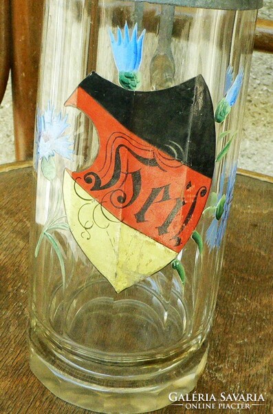 Antik ón fedeles, festett, csiszolt üveg tetejű sörös korsó