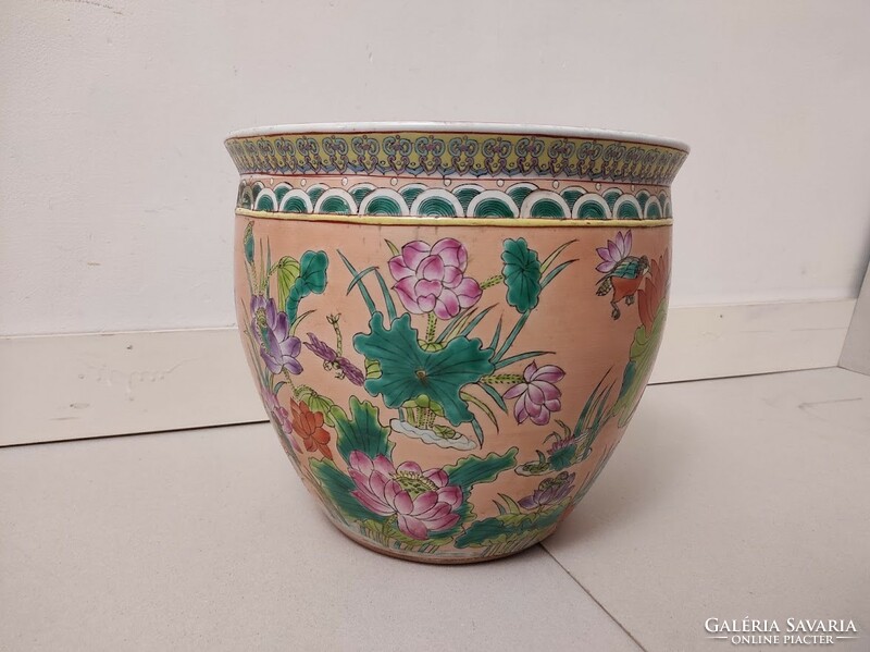 Antik kínai porcelán tojás alakú madár növény mintás színes kaspó belül aranyhalak 190 5631