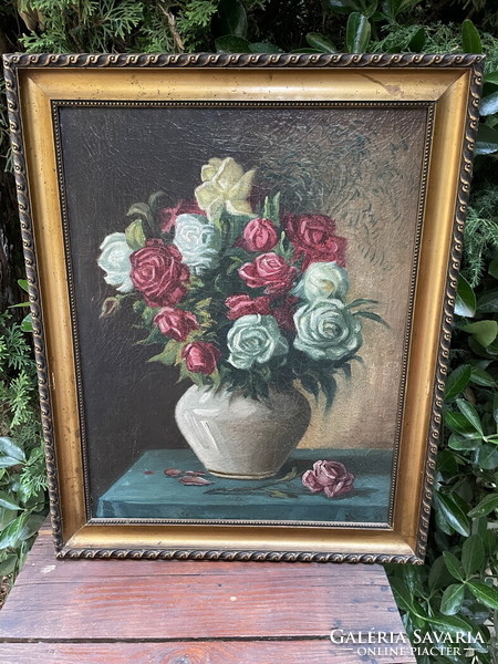 1880 Painting around: bouquet of roses in a vase
