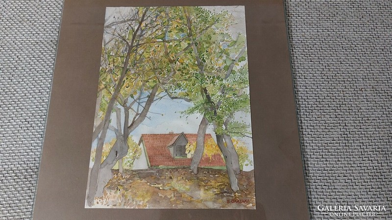 (K) S. Okazaki akvarell tájképfestmény házikóval, 40x50 cm kerettel