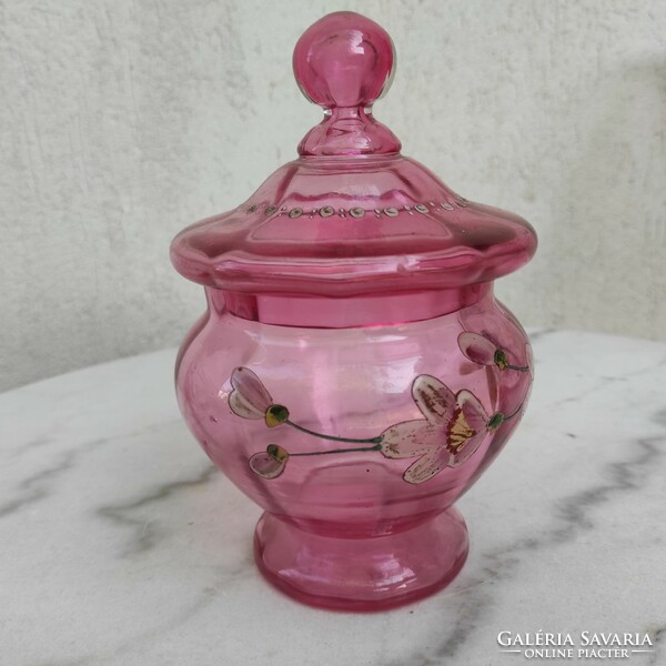 Art Nouveau antique beautiful bonbonier box with sugar bowl, centerpiece offering pink stained glass.