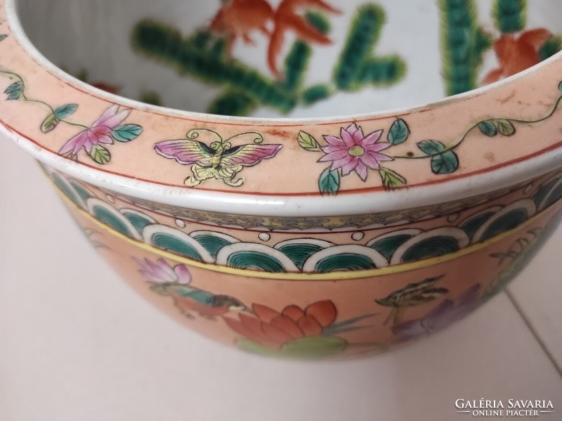 Antik kínai porcelán tojás alakú madár növény mintás színes kaspó belül aranyhalak 190 5631