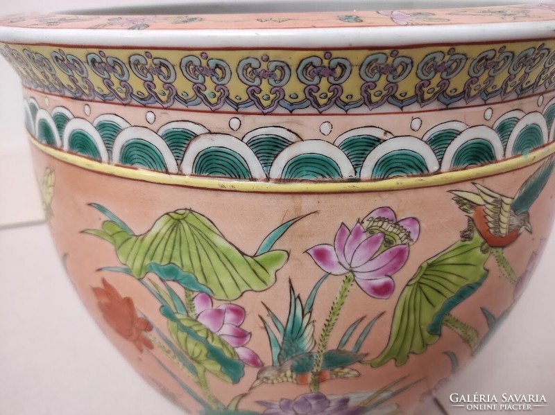 Antik kínai porcelán tojás alakú madár növény mintás színes kaspó belül aranyhalak 190 5631