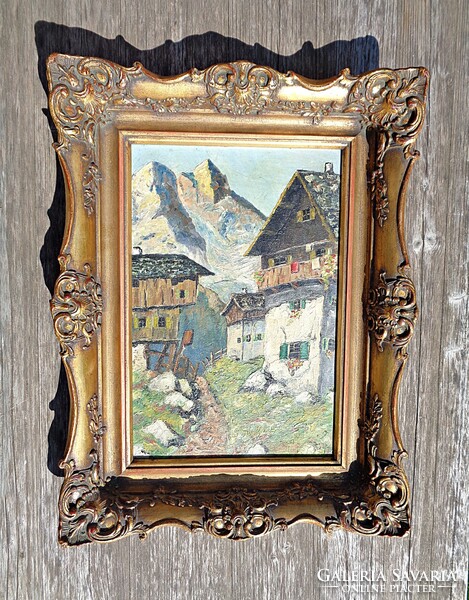 Alpine landscape painted on oil blackboard with oil paint in frame