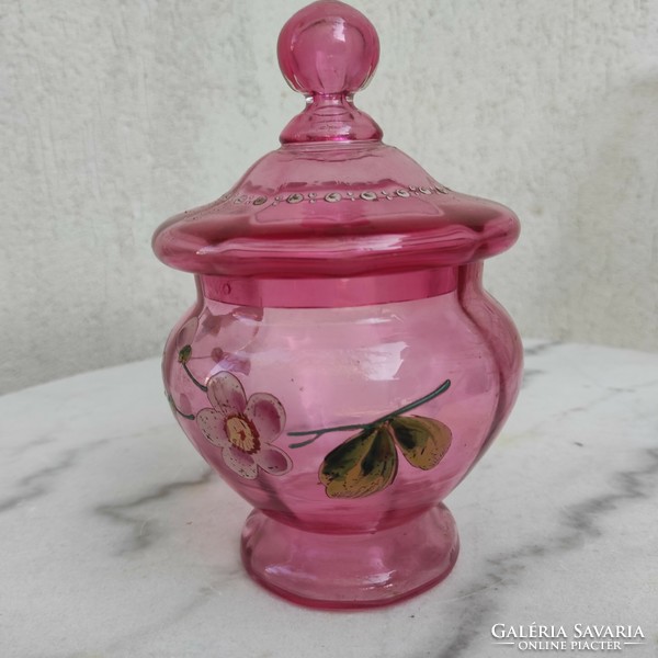 Szecessziós antik gyönyörű Bonbonier dobozka cukortartó, Asztalközép kínáló rózsaszín festett üveg.