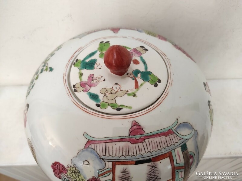 Antik kínai porcelán tojás alakú sokalakos színes fedeles urna váza életkép jelenettel 157 5612