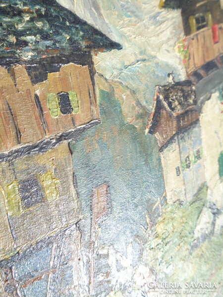 Fa táblára olajfestékkel festett Alpesi tájkép, keretben