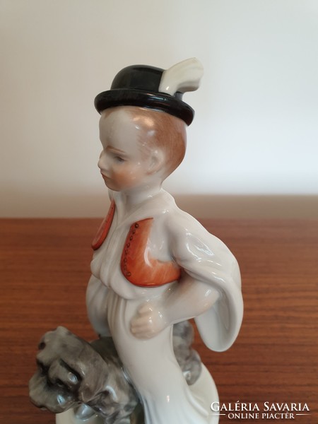 Régi Herendi porcelán fiú népviseletben puli kutyával