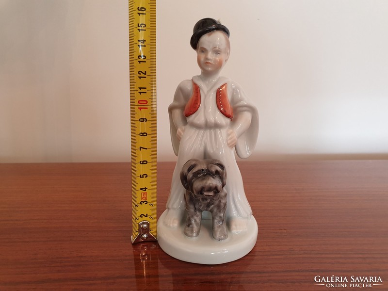 Régi Herendi porcelán fiú népviseletben puli kutyával