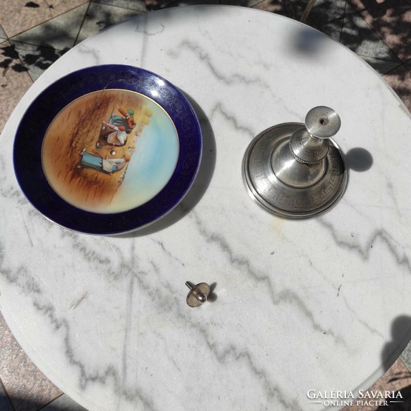 Antique silver character centerpiece serving porcelain bowl painting scene: Jean Francis Milet, marked meste