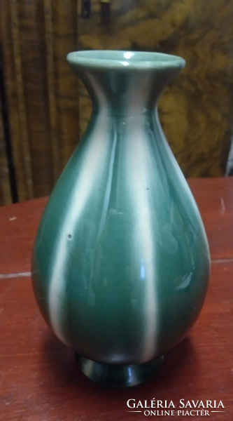 Old vintage retro green white striped belly ceramic vase