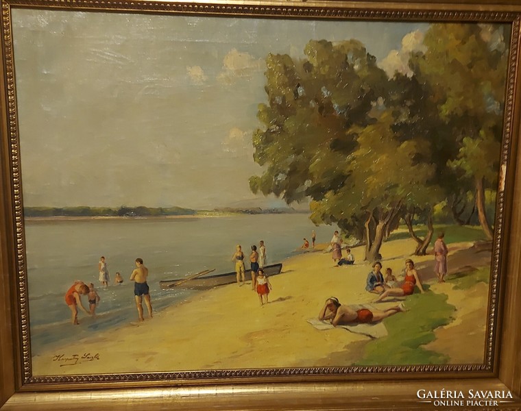 Antique Carpathian László painting! Danube beach!