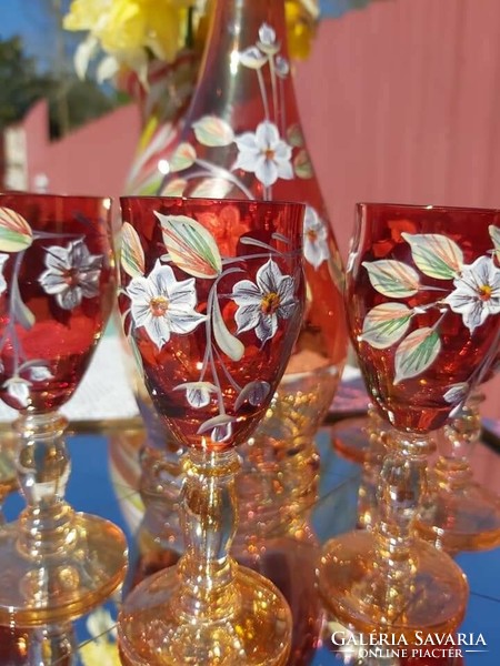 Retro 6 személyes virágos Bohemai cseh üveg italos készlet likőrös készlet , 6 pohár +kiöntő, flaska