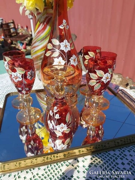 Retro 6-person floral bohemian glass drinking set, liquor set, 6 glasses + pourer, flask