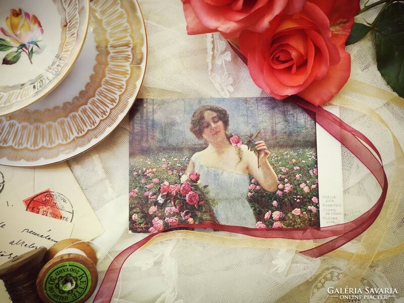 ANTIK képeslap hölgy rózsakertben
