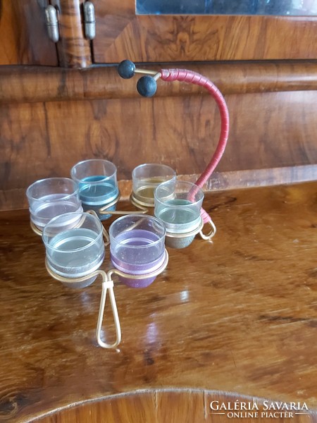 Retro üveg pohárkészlet fém állványon eredeti tartozékokkal