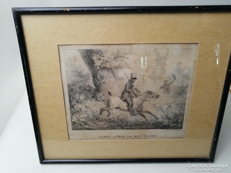 Hunting souvenir - hunting on horseback - antique lithography - Horace Vernet