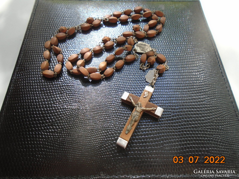 Antique lourdes pat.Pend.(Patent pending) rosary with wooden beads and crucifix relic tube