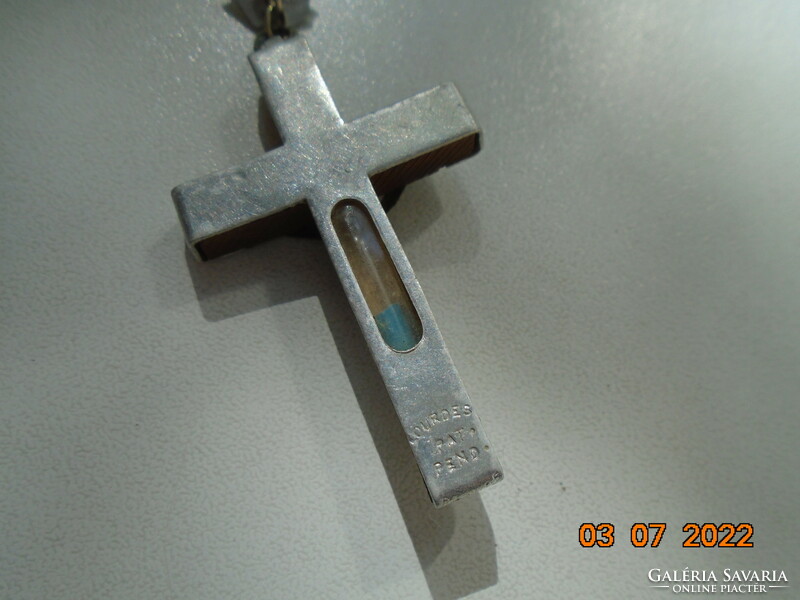 Antique lourdes pat.Pend.(Patent pending) rosary with wooden beads and crucifix relic tube