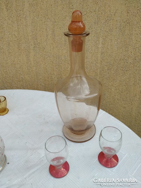Colorful, stemmed glass, bottle with 2 stemmed glasses for sale!