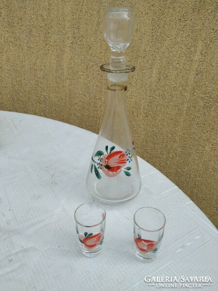 Painted, rosy glass, bottle with 2 cups for sale!
