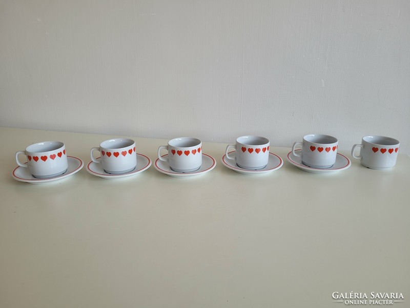 Régi retro Zsolnay porcelán piros szív mintás szives kávés csésze 6 db mid century