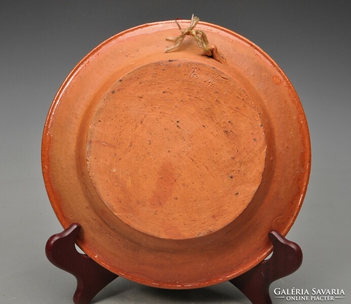 Menyecskés - old earthenware plate, Transylvanian customs village, earthenware with hook, 23.5cm, marked.
