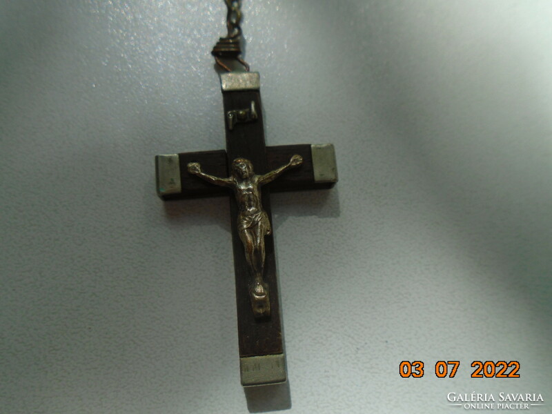 Antique Lourdes crucifix with rosary dark wood with exotic wood beads