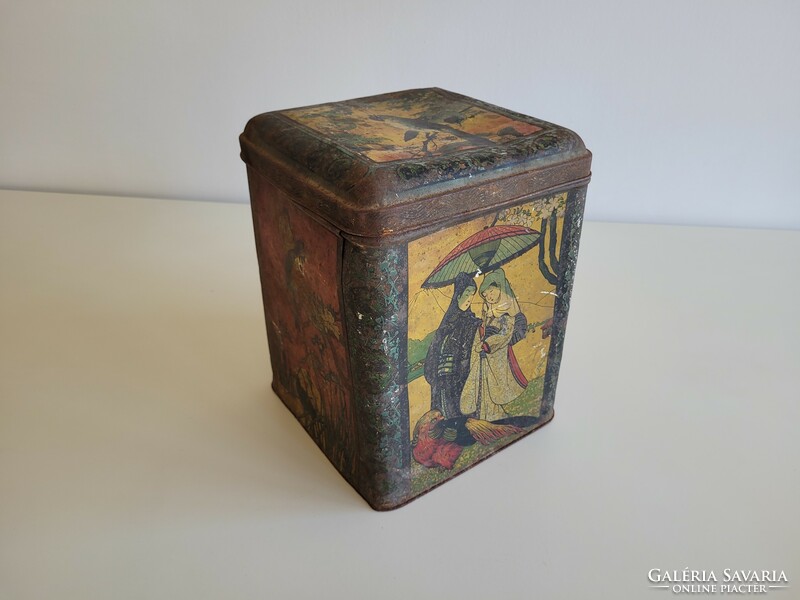 Old antique large oriental tea tin box vintage metal box 28.5 cm