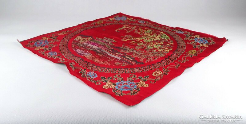 1J587 old embroidered Far Eastern Chinese satin tablecloth 3 pieces