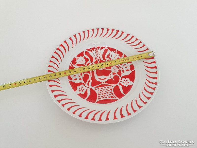 Retro Hollóházi porcelán madaras fali tányér piros virágmintás 24 cm es mid century falidísz