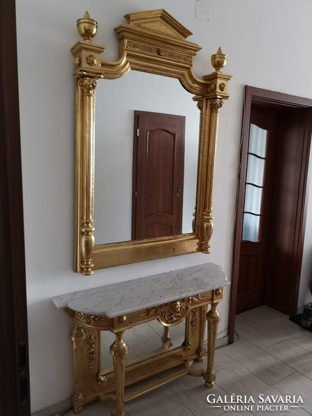 Antik aranyozott tükör + konzol + márvány lap (bútor)