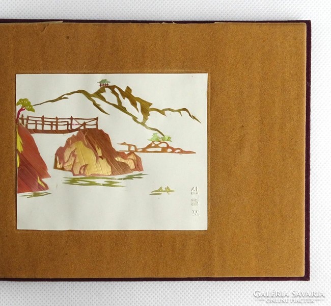 1J586 Régi bársony borítós kínai művészeti jelzett bambusz kép album 22.2 x 15 x 1.8 cm