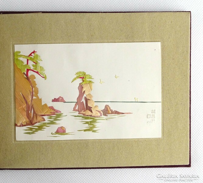 1J586 Régi bársony borítós kínai művészeti jelzett bambusz kép album 22.2 x 15 x 1.8 cm