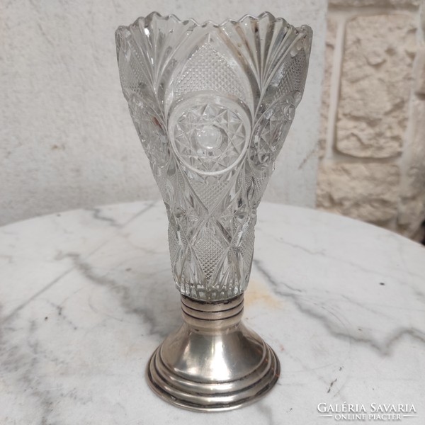 Beautiful antique silver vase offering, table centerpiece with crystal top, cornucopia style