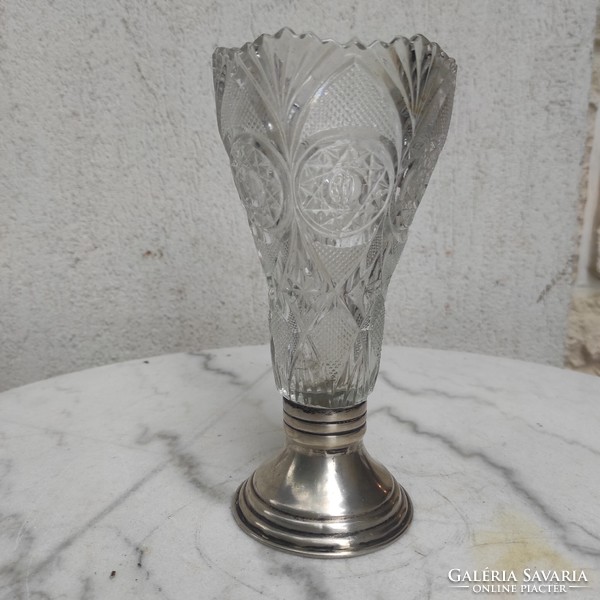 Gyönyörű antik ezüst váza kínáló , Asztalközép kristály felső résszel,Bőség szaru stílusú