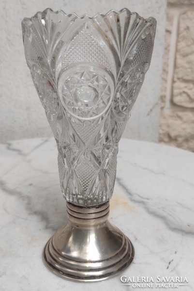 Beautiful antique silver vase offering, table centerpiece with crystal top, cornucopia style
