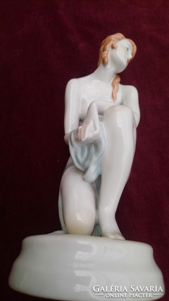 Zsolnay kneeling female nude painted porcelain figurine. Timeless class I beauty!