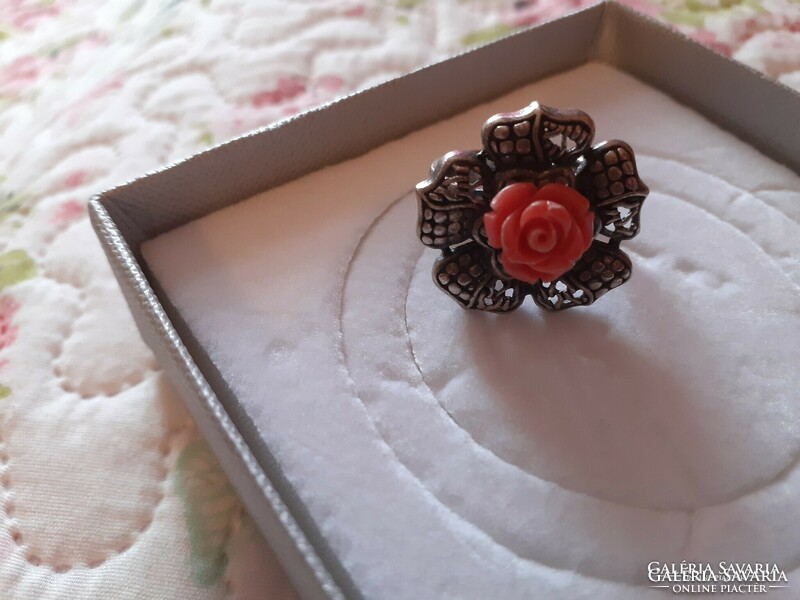 Coral rose silver ring