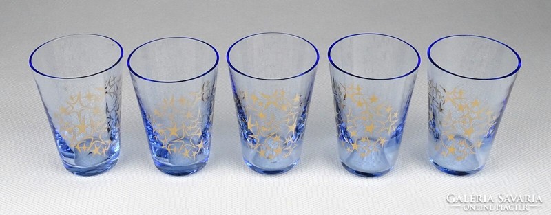 1J599 Régi aranyozott kék üveg stampedlis pohár készlet 5 darab