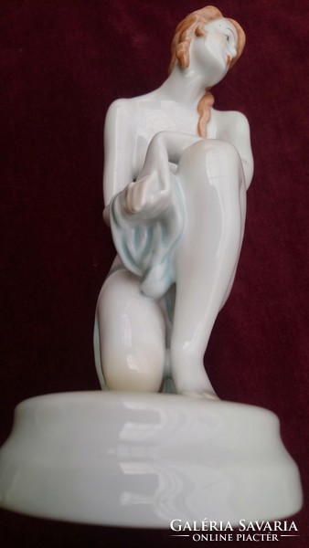 Zsolnay kneeling female nude painted porcelain figurine. Timeless class I beauty!