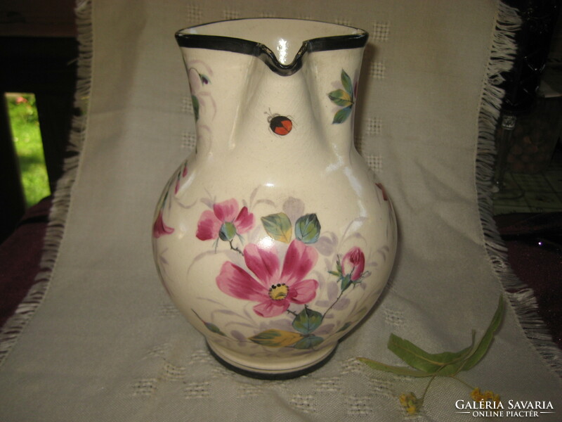 Zsolnay jug, around 1880, hand painted, with beautiful flower decor, not repaired, not restored