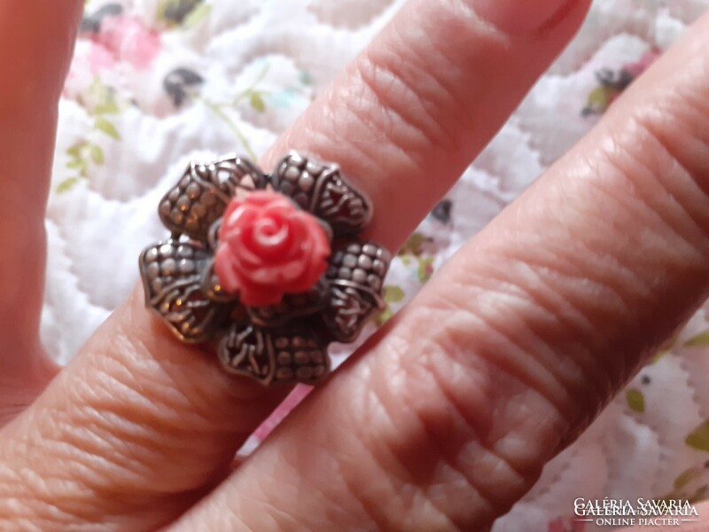 Coral rose silver ring